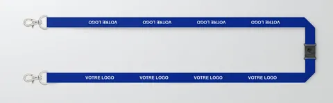 Tour de cou 15 mm polyester — double mousqueton + clip de sécurité
